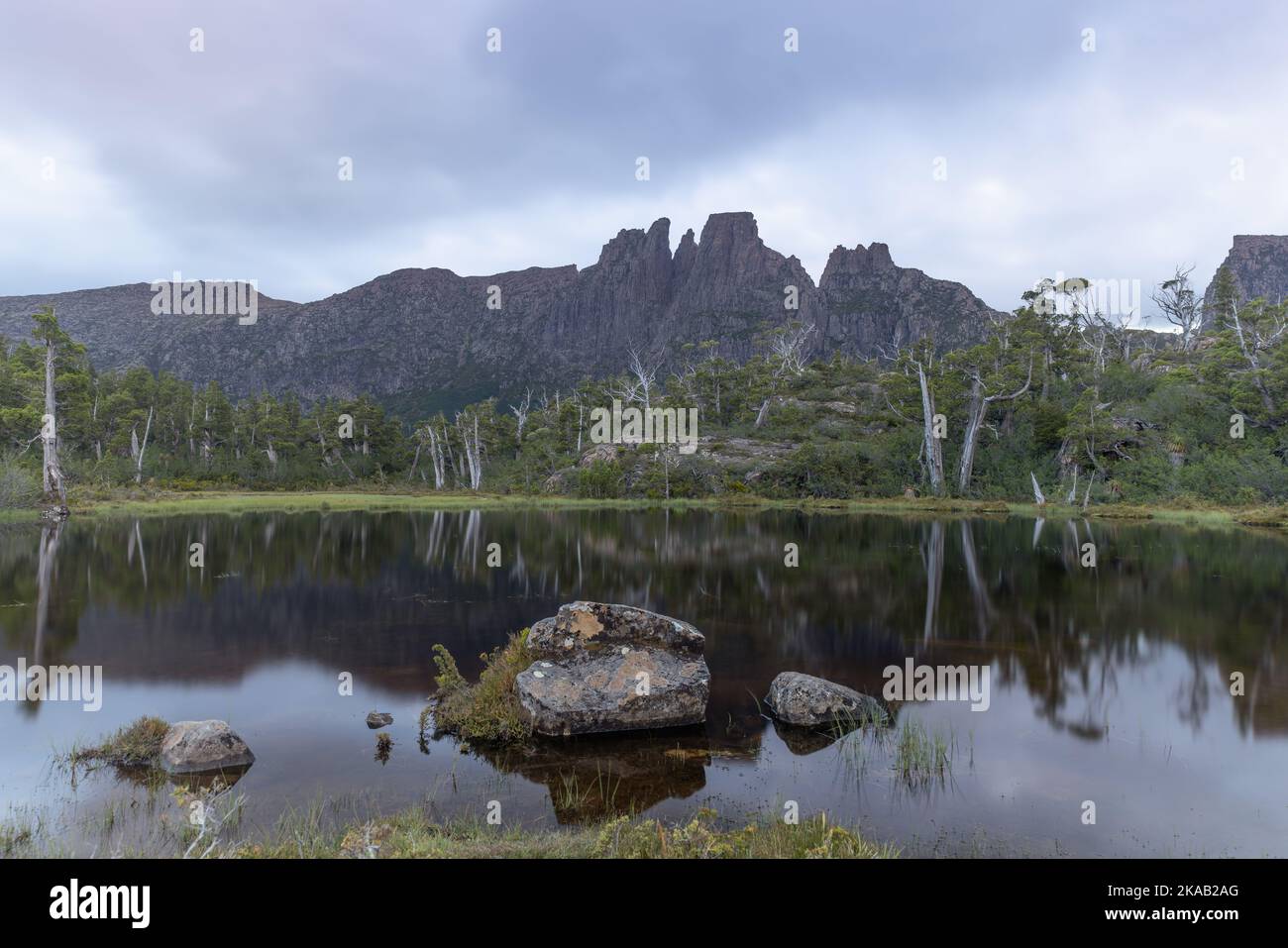 mt geryon and the pool of memories, with rocks in the foreground, at the labyrinth Stock Photo