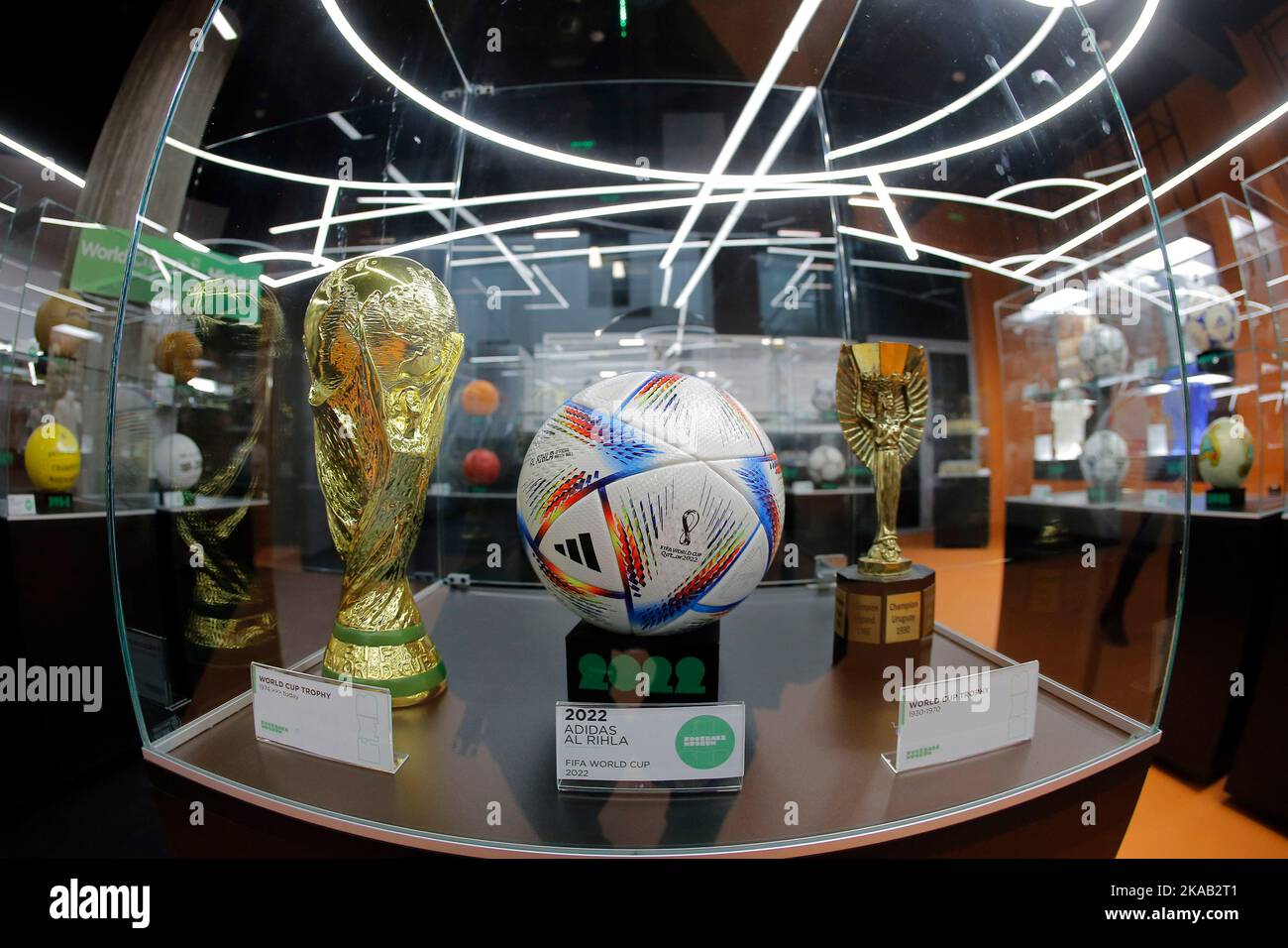 Romania, Romania. 1st Nov, 2022. World Cup trophies and the official football for the upcoming FIFA World Cup Qatar 2022 are seen on the opening day of a football museum in Bucharest, Romania, Nov. 1, 2022. The museum, first of its kind in Romania, hosts various objects from football history, shirts and boots belonging to famous players and various recreational places. Credit: Cristian Cristel/Xinhua/Alamy Live News Stock Photo