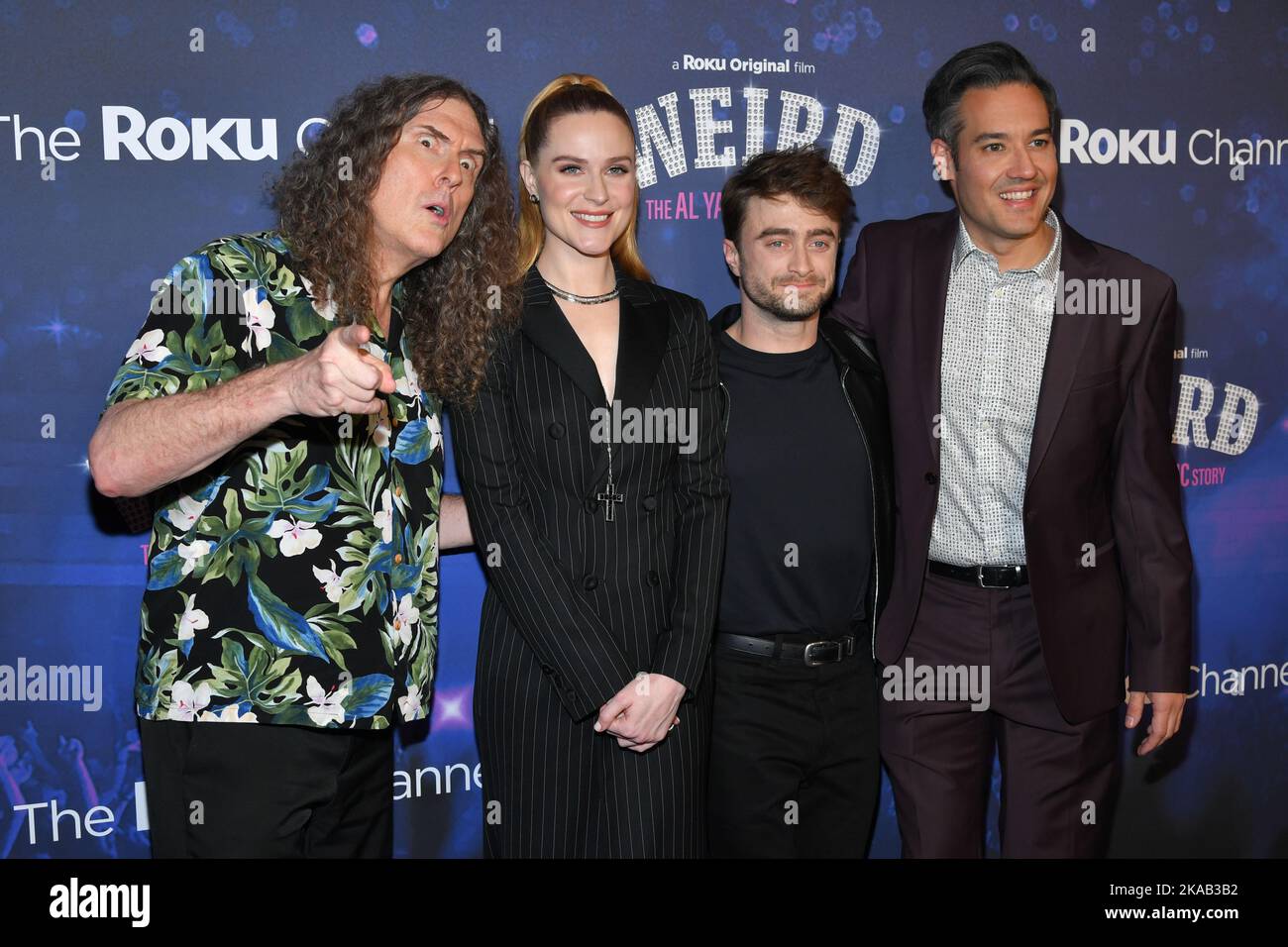 Weird Al Yankovic, Evan Rachel Wood, Daniel Radcliffe and Eric Appel attend the 'Weird: The Al Yankovic Story' New York Premiere at Alamo Drafthouse Stock Photo