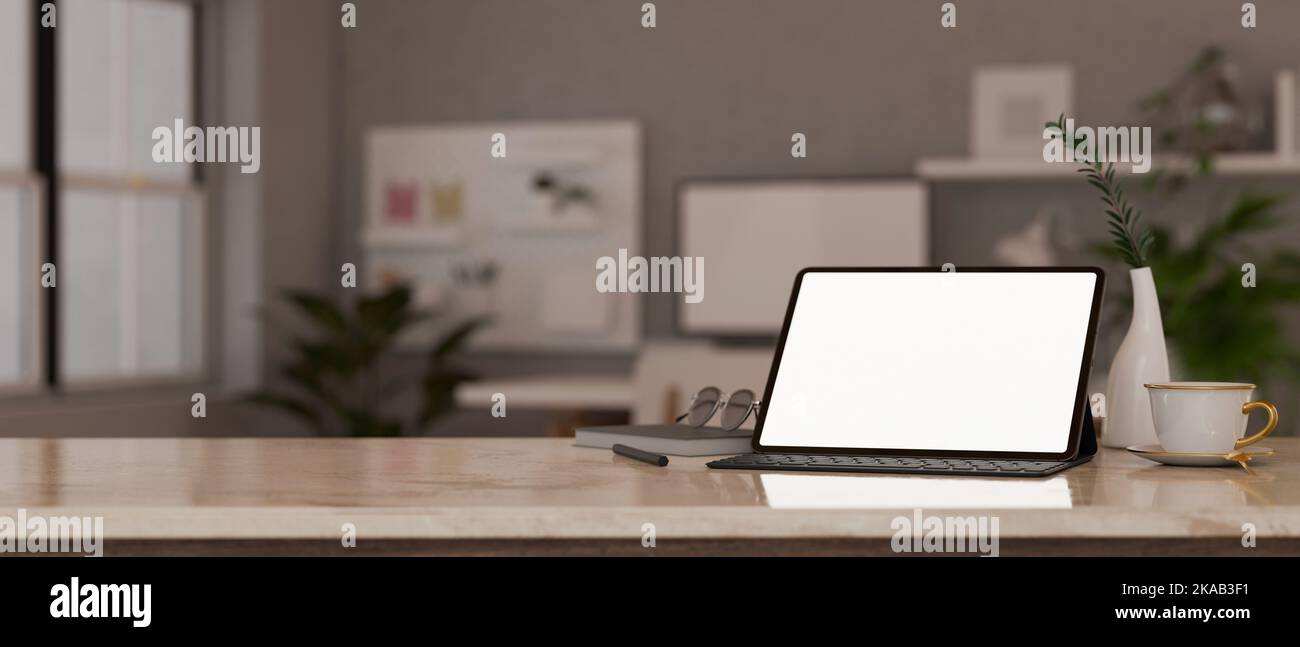 Tabletop Workspace Marble workspace tabletop with tablet white screen mockup, wireless ...