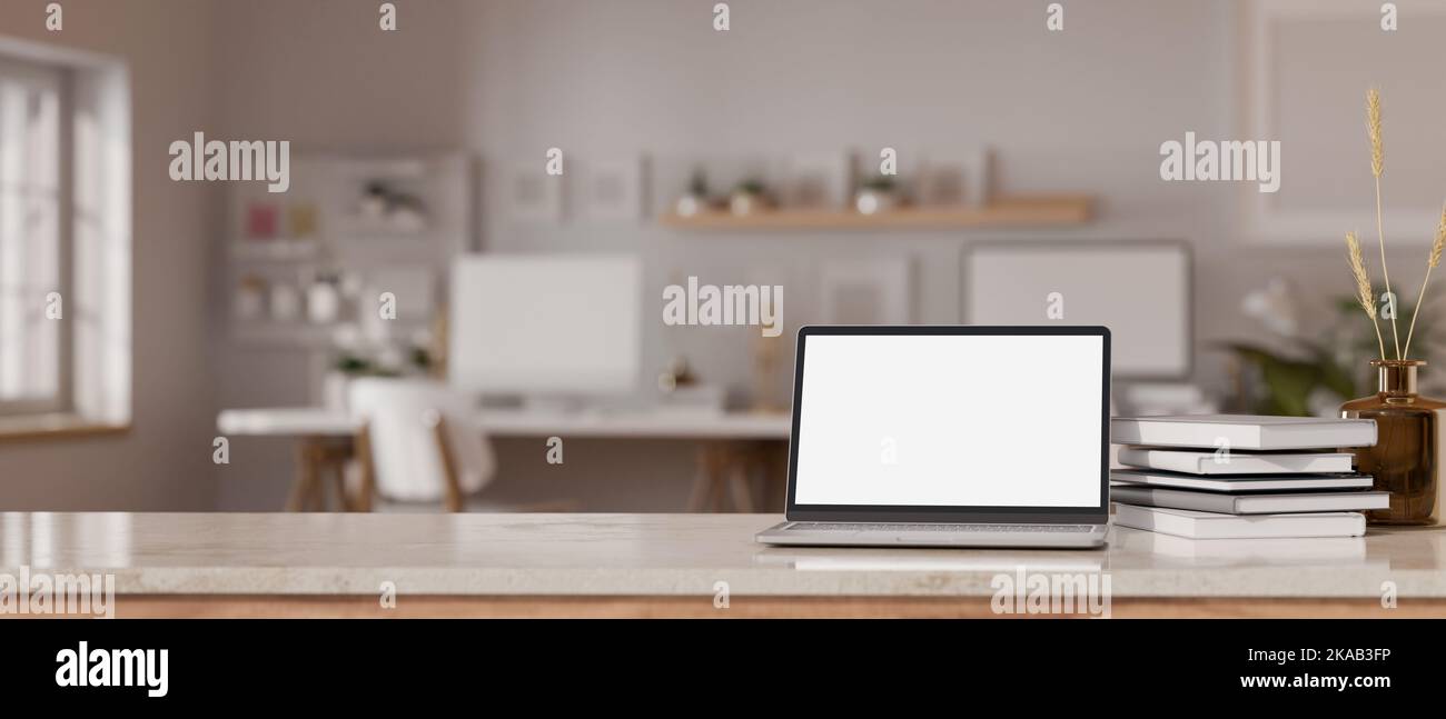 Tabletop Workspace Workspace tabletop with laptop white screen mockup, books, decor and ...