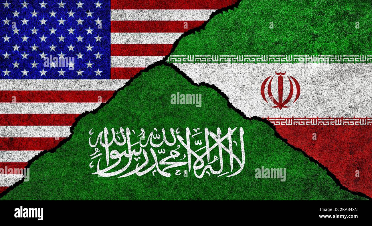 USA, Iran and Saudi Arabia flag together on a textured wall. Relations