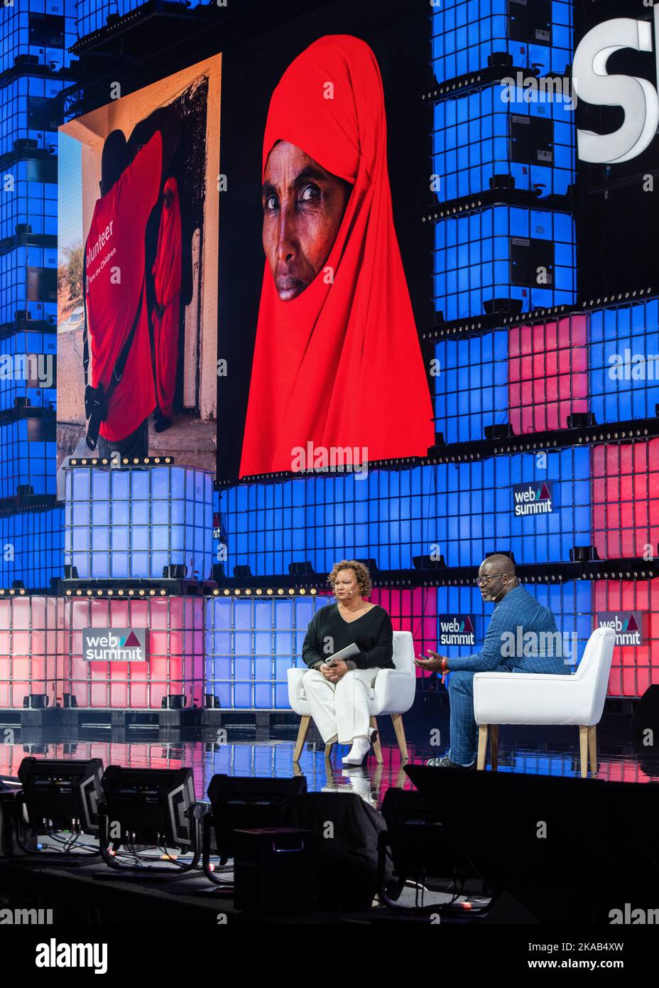 Lisbon, Portugal. 01st Nov, 2022. VP of Environmental Initiatives of Apple, Lisa Jackson (L), and Founder of Southbank Centre and Culture3, Misan Harriman (R), seen addressing the audience at Altice Arena Centre Stage during the opening night of the Web Summit 2022. The biggest technology conference in the world is back in Lisbon. For four days, new technological trends will be discussed and how they will influence our lives. 70,000 people are expected at the event. (Photo by Hugo Amaral/SOPA Images/Sipa USA) Credit: Sipa USA/Alamy Live News Stock Photo