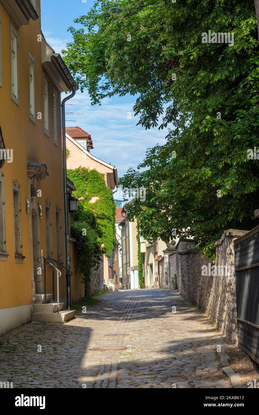 small road with facade of medieval houses in Weimar, germany Stock