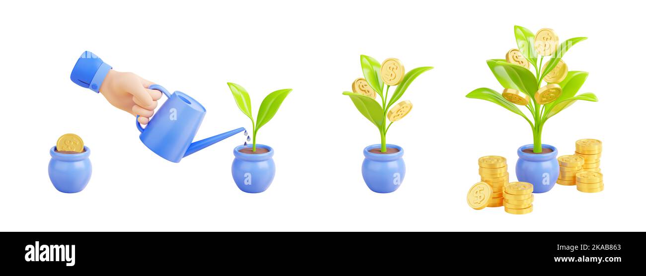 Money tree growth 3d render concept with hand hold can watering plant with gold coins in pot. Investment, financial management, wealth, savings, pension Isolated illustration in cartoon plastic style Stock Photo