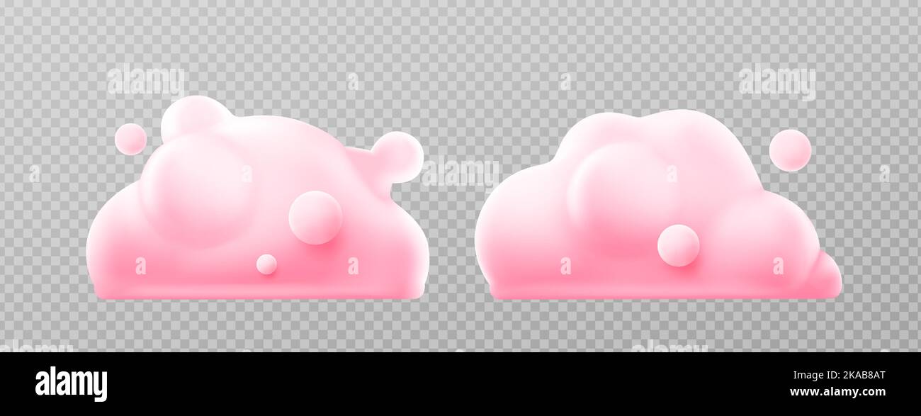 Pink fluffy clouds isolated on transparent background. Cute 3d shapes for sunset cloudy sky and weather icons, signs of meteorology or soap foam, vector illustration Stock Vector