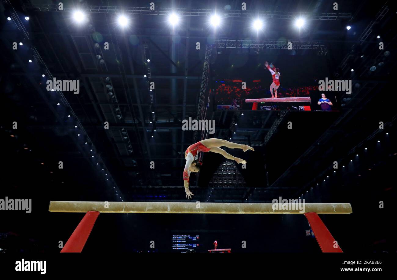 Liverpool, Britain. 1st Nov, 2022. Tang Xijing of team China competes on the balance beam of the women's team final at the 51st FIG Artistic Gymnastics World Championships in Liverpool, Britain, Nov. 1, 2022. Credit: Li Ying/Xinhua/Alamy Live News Stock Photo