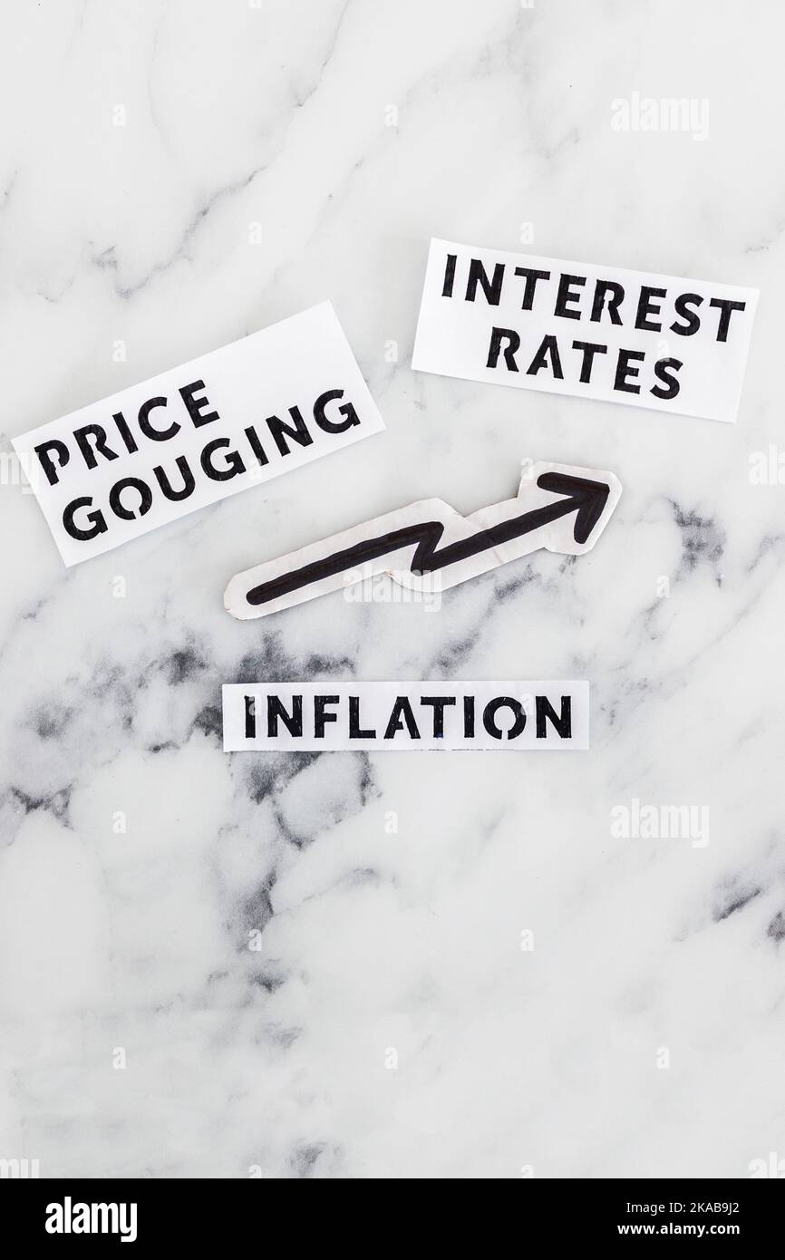 Inflation Interest Rates and Price Gouging texts with arrow going up