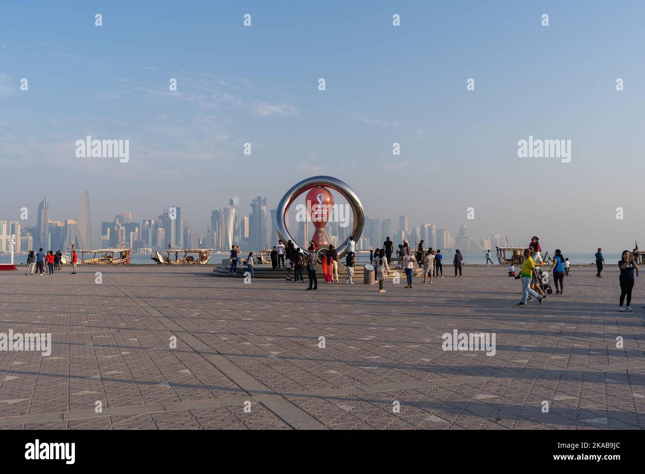Doha, Qatar - October 28, 2022: The FIFA World Cup Qatar 2022 Official Countdown Clock, located at Doha’s Corniche Fishing Spot. Stock Photo