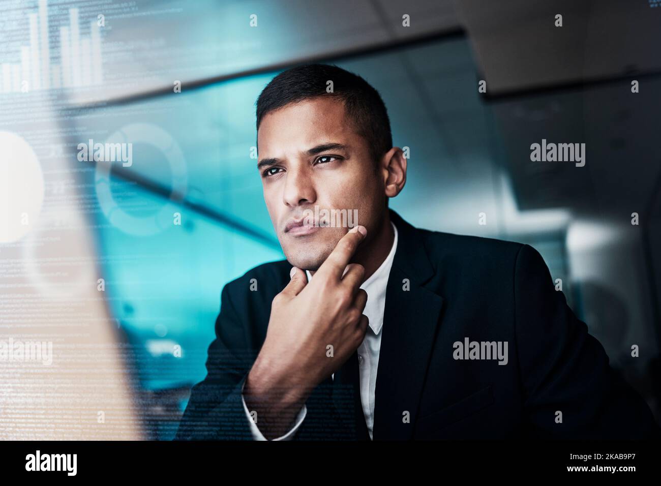 Cyber security man, digital transformation or computer coding for thinking web design engineer working on seo software or database. Infographic Stock Photo