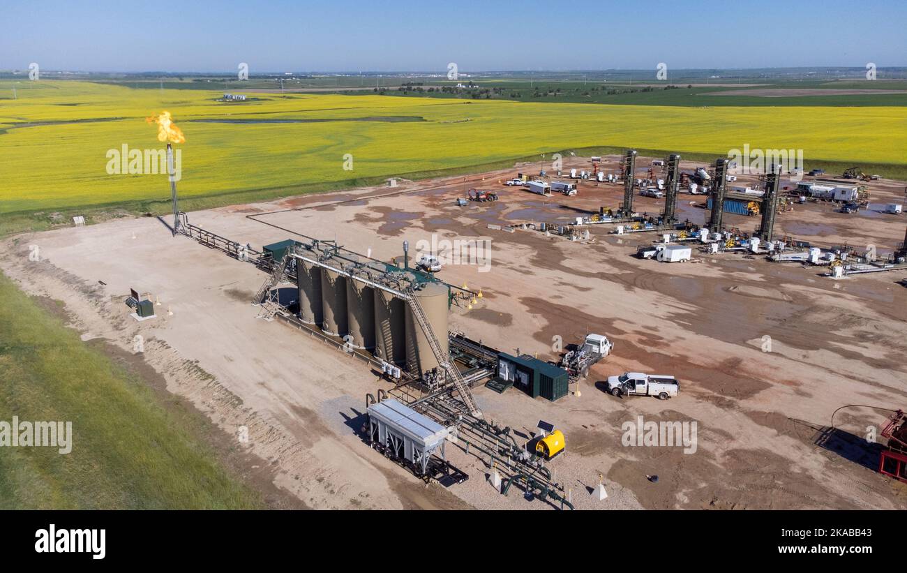Hydraulic fracturing, Fracking site, Myrtle, North Dakota Stock Photo