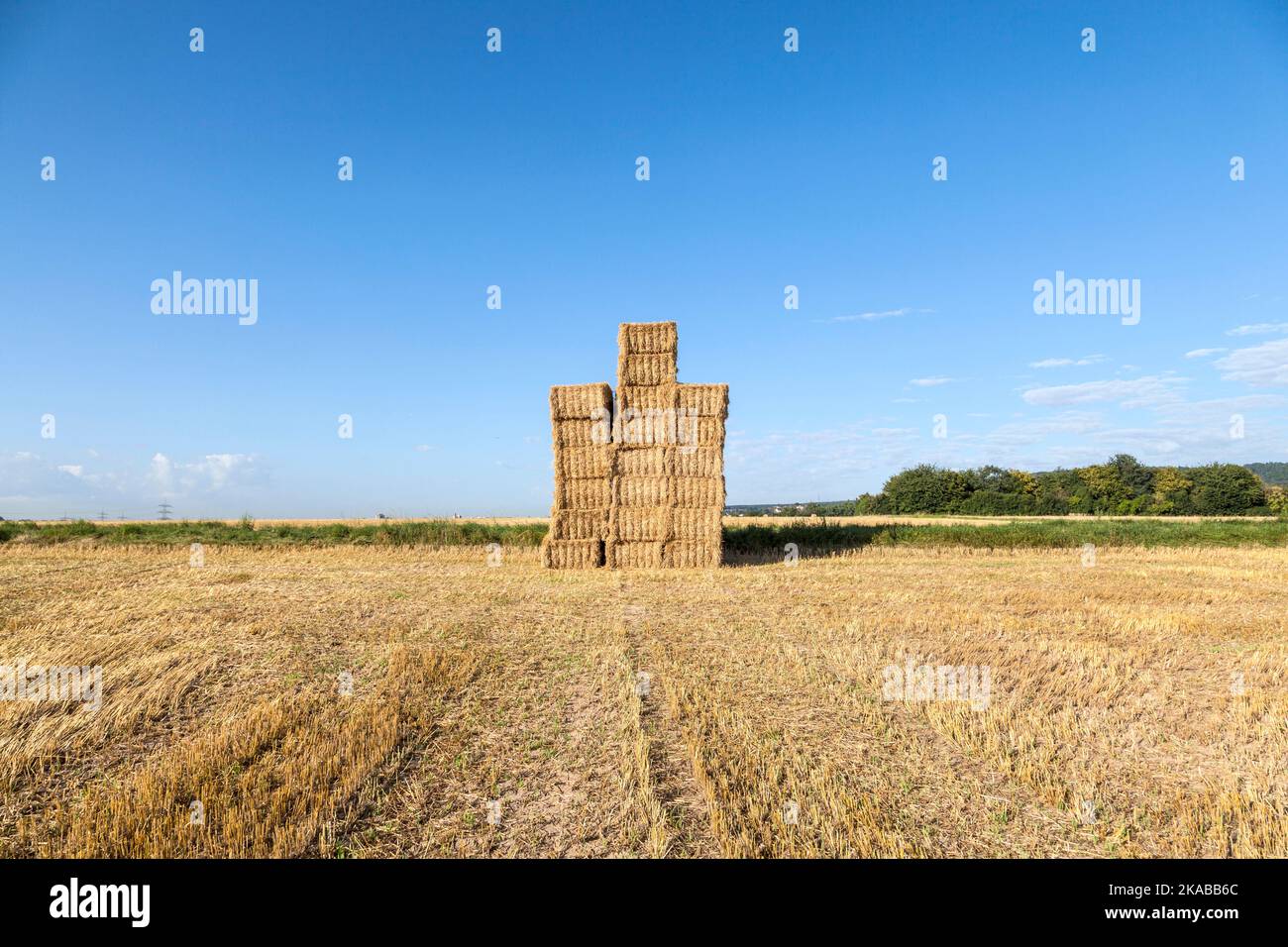 field in harvest with bale of straw under blue sky Stock Photo - Alamy