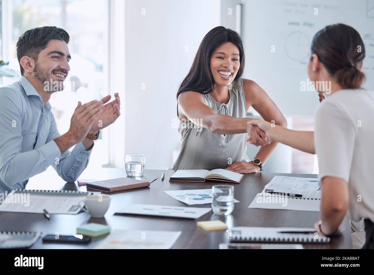 Partnership, applause and handshake by business people in support of