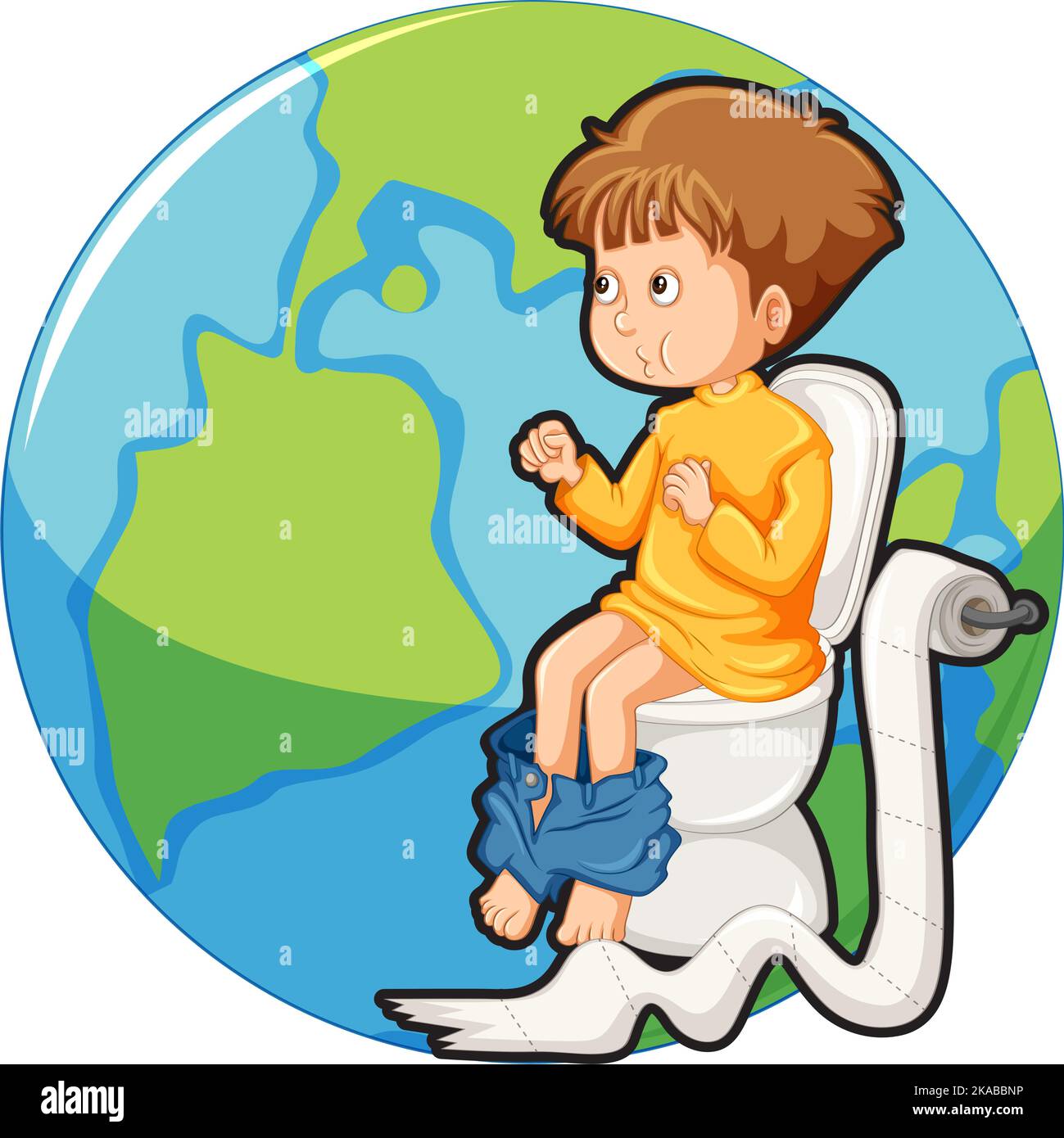 Kid sitting on toilet on earth icon illustration Stock Vector