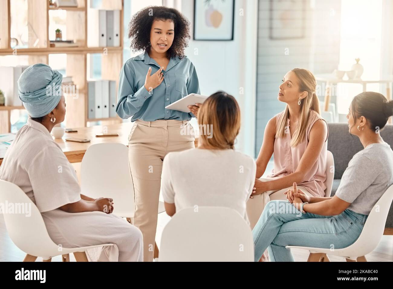 Leadership, presentation and business women in meeting for strategy, planning and presenting ideas to team. Empowerment, diversity and black woman Stock Photo