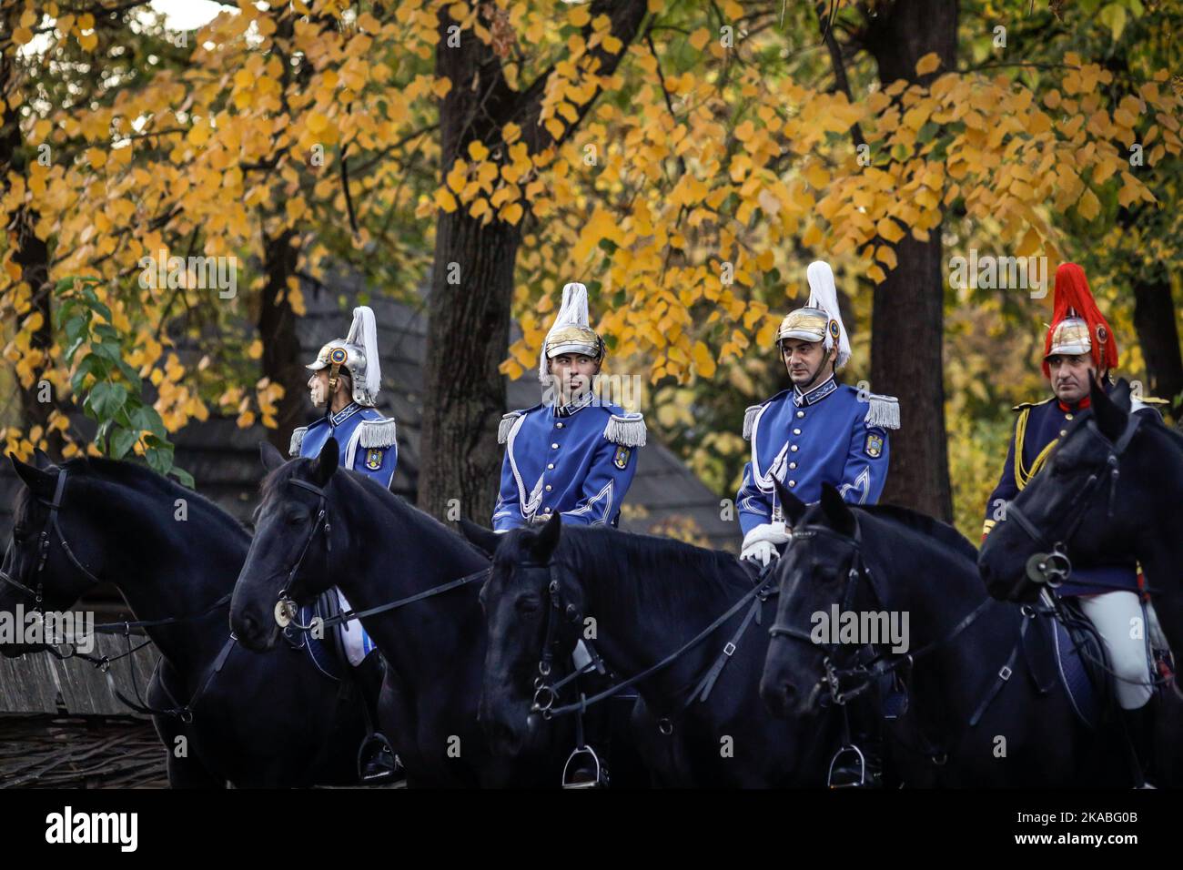 Bucharest, Romania - November 1, 2022: Mounted Romanian Jandarmi (horse riders from the Romanian Gendarmerie) in ceremonial and parade uniforms. Stock Photo