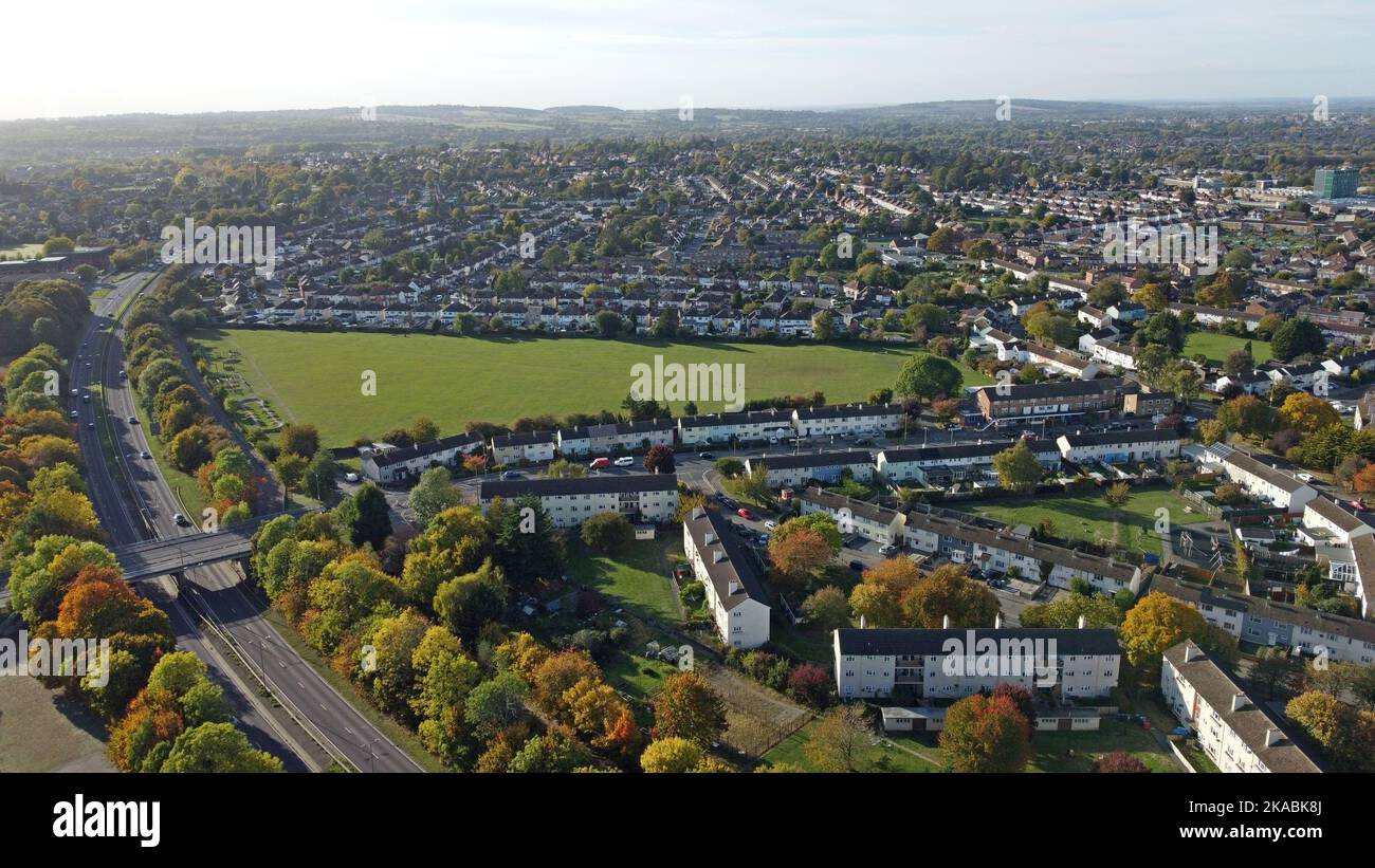 Drone photo of East Oxford, showing the Barns Rd playing field, Rose