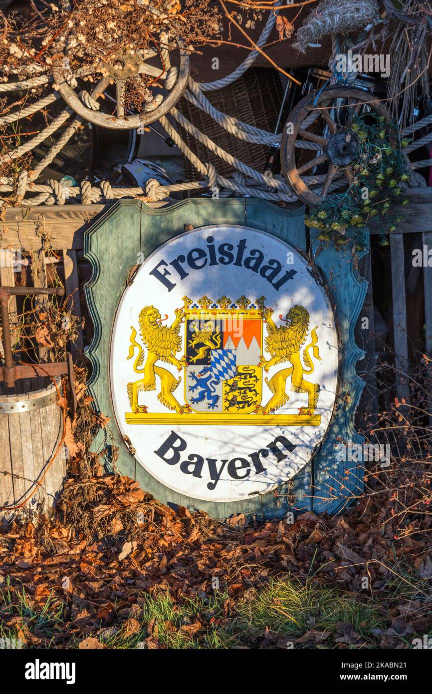 old enamel plate with insignia of the Freistaat Bayern in sunrise Stock Photo
