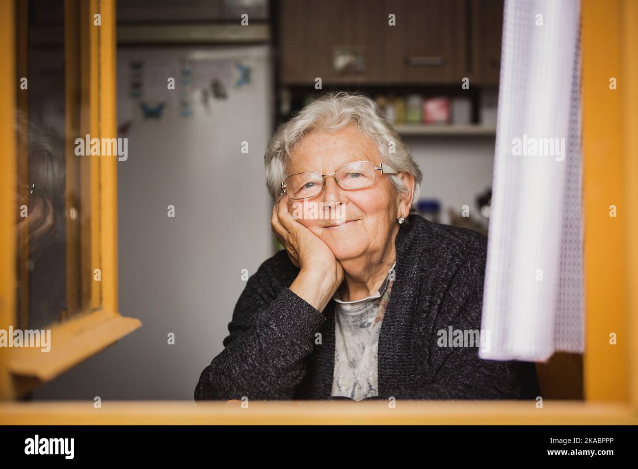 Lovely portrait of smilling grandmother by the window at a house Stock Photo