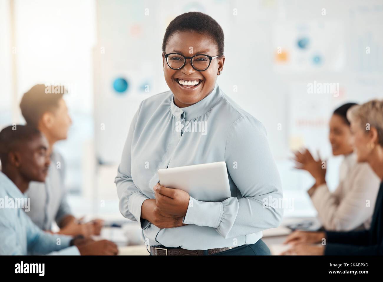 Black woman with tablet, leader and business meeting with corporate