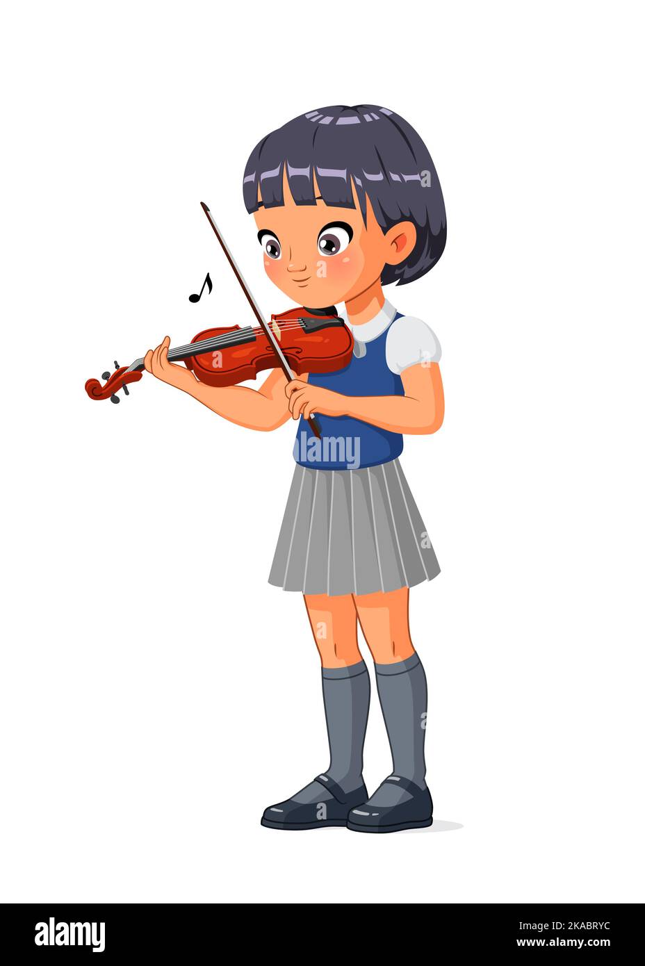 Asian school girl playing violin. Cartoon vector illustration. Stock Vector