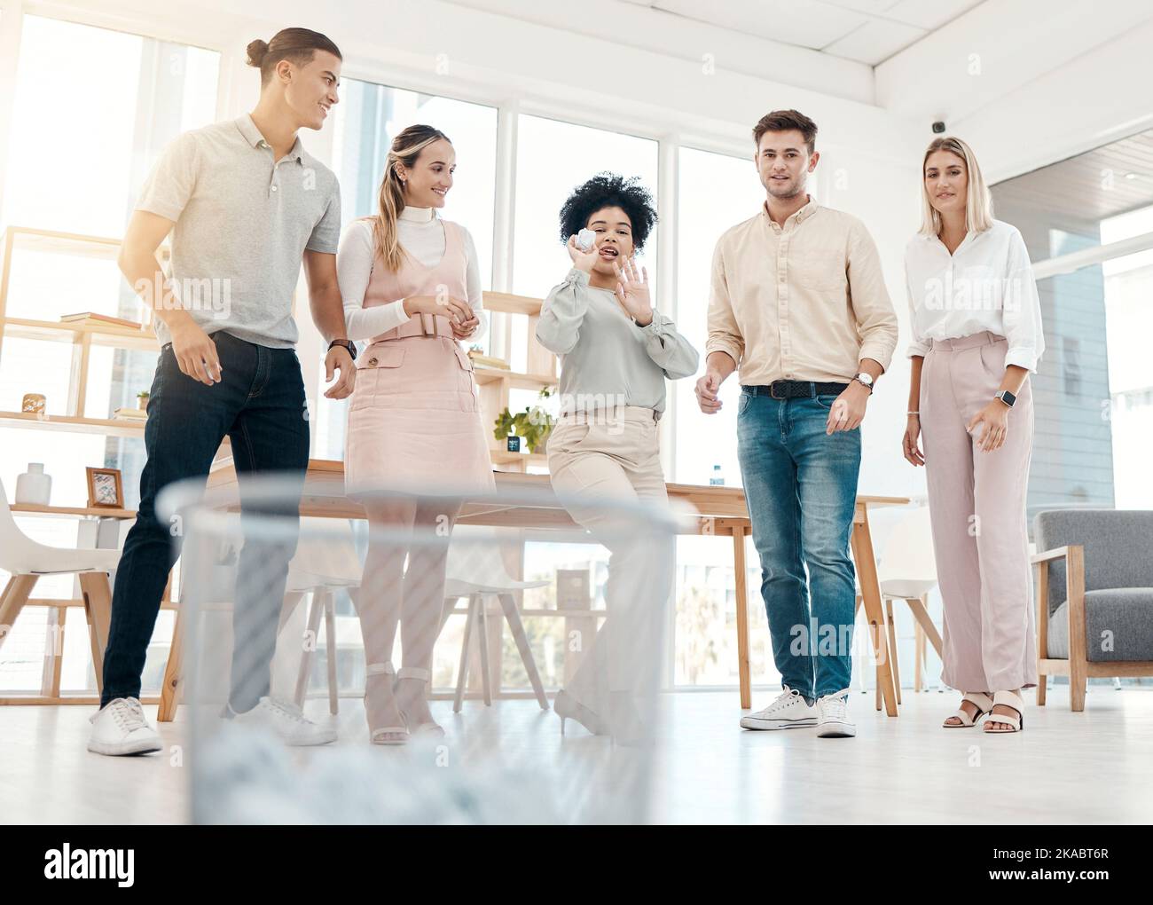 Work, friends and paper game for team building fun and bonding with