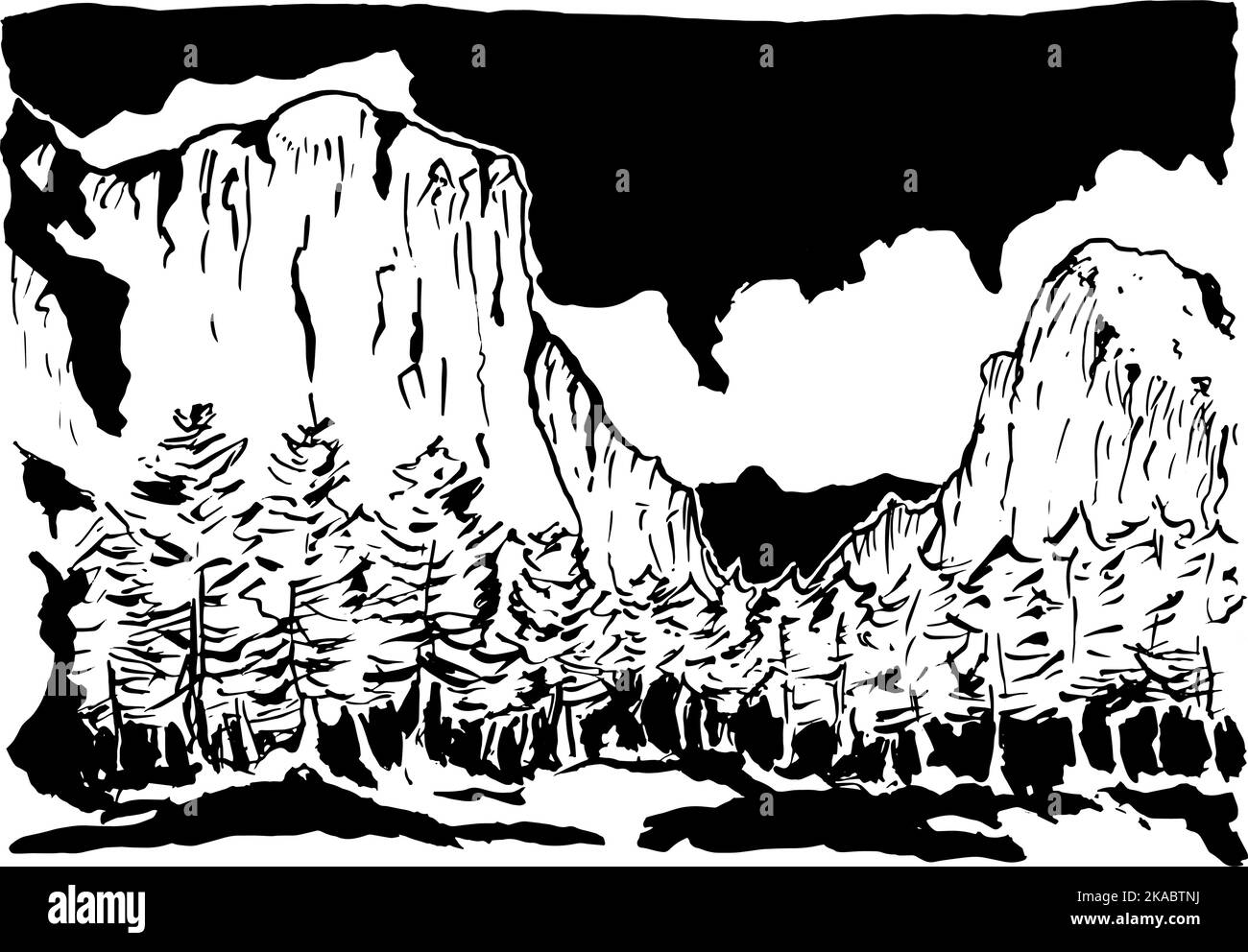 The Yosemite Valley drawn with ink and brush Stock Vector