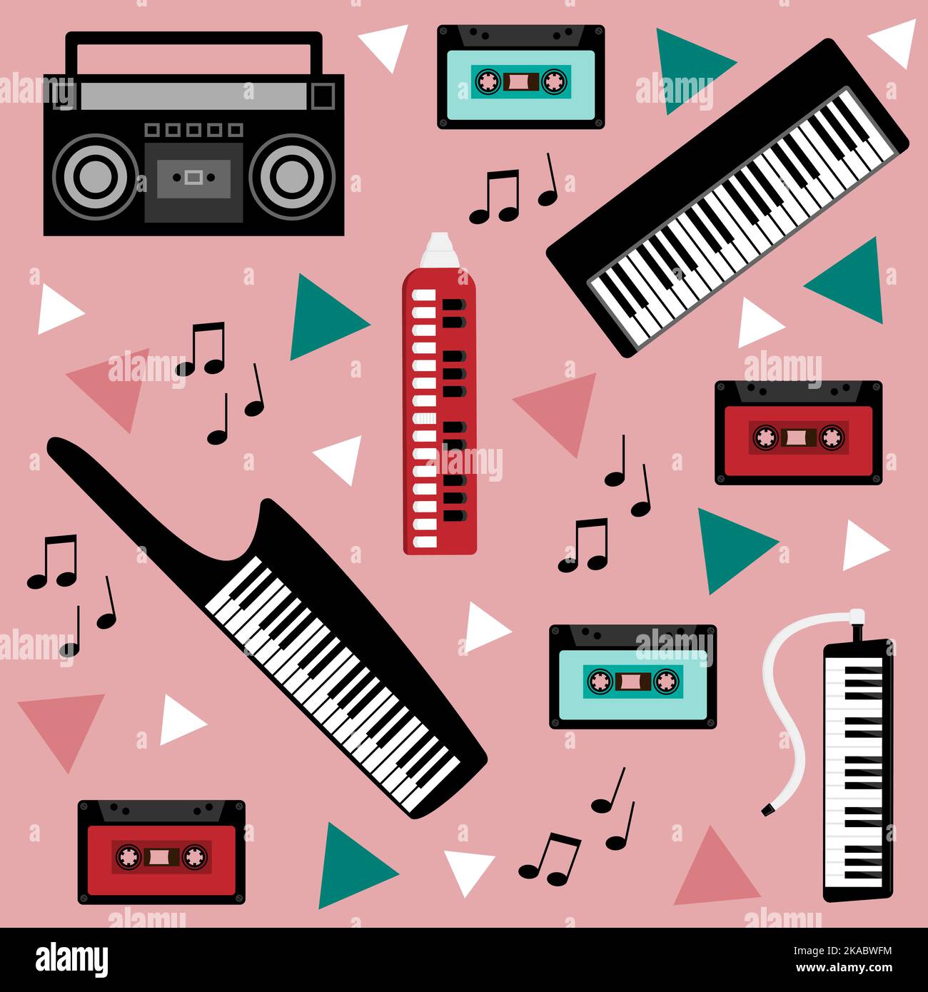 Seamless pattern with retro musical instruments and cassette tapes. Stock Vector