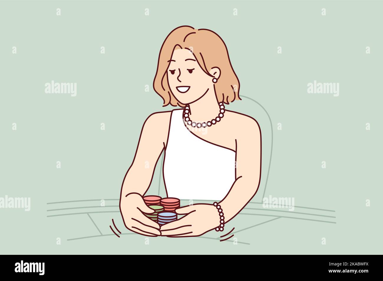Woman sit on table in casino playing game for money. Smiling female in dress gambling in gaming house. Addiction and entertainment. Vector illustration.  Stock Vector
