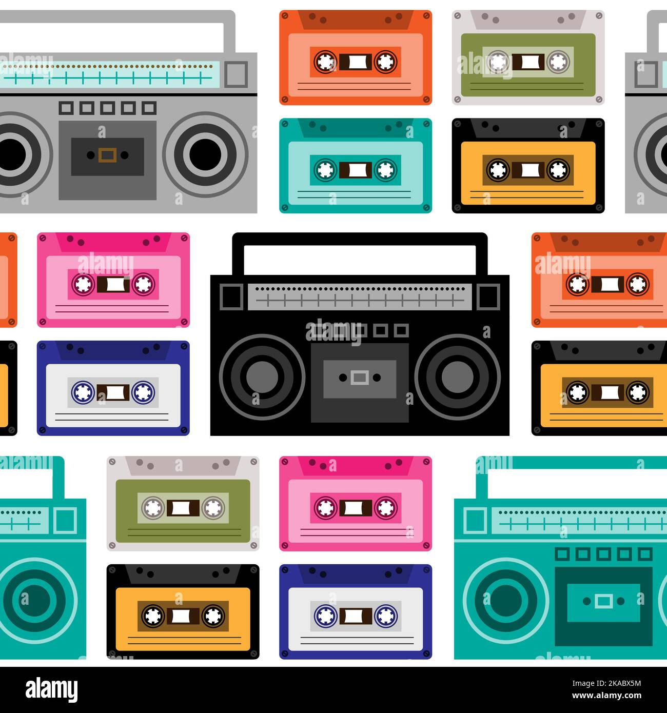 Seamless pattern with retro style cassettes and boom boxes. Stock Vector