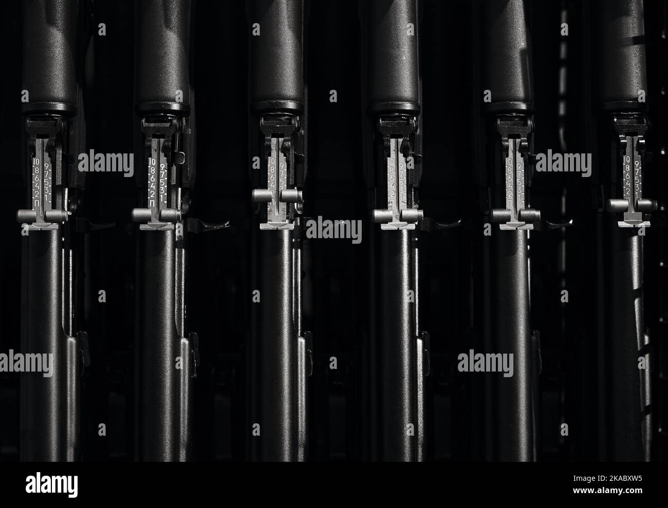 Stocks of weapons. New automatic rifles in a box. The sighting bar of