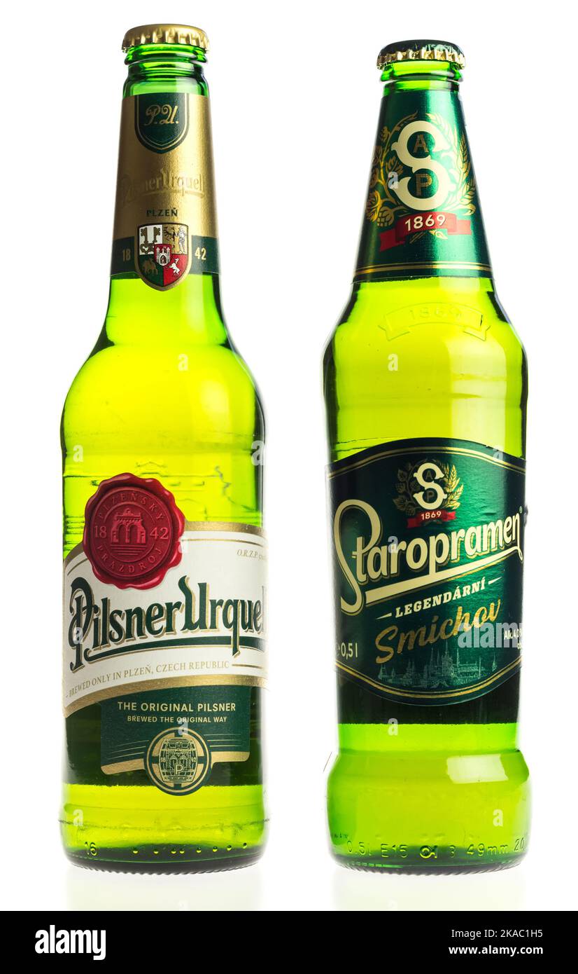 Bottles of Czech Urquell and Staropramen Pilsner isolated on a white background Stock Photo
