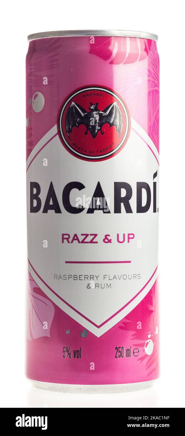 Can of Bacardi Razz and Up mix drink isolated on a white background ...
