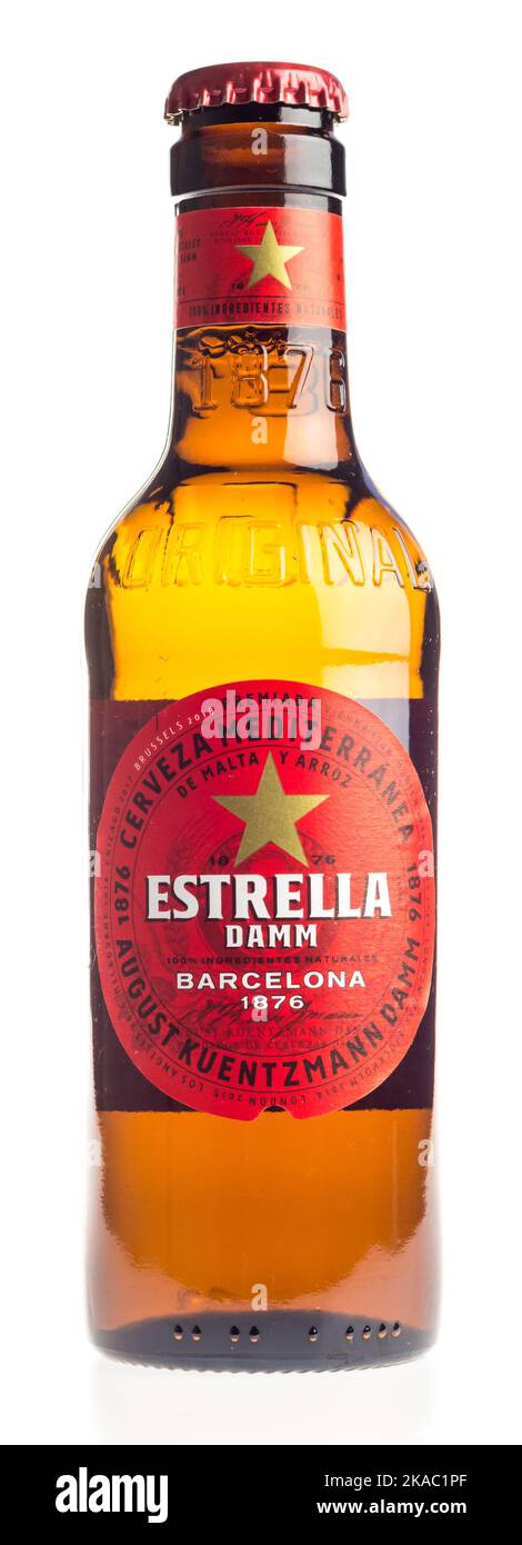 Bottle of Spanish Estrella Damm pilsner isolated on a white background Stock Photo