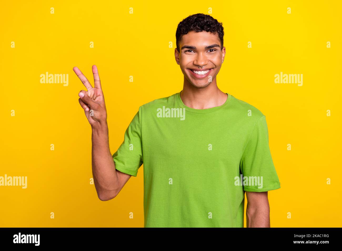 Portrait of positive candid person beaming smile arm fingers ...