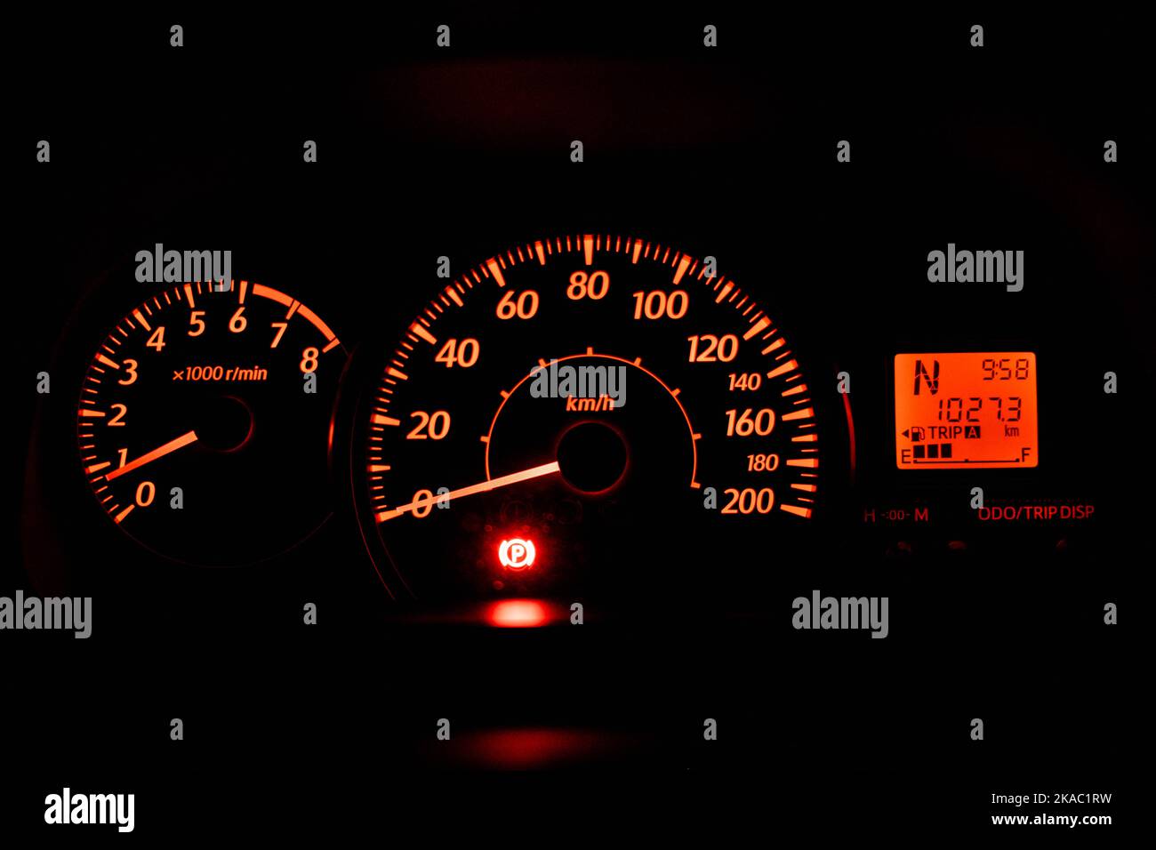 Speedometer with orange backlight that indicate the vehicle is stop