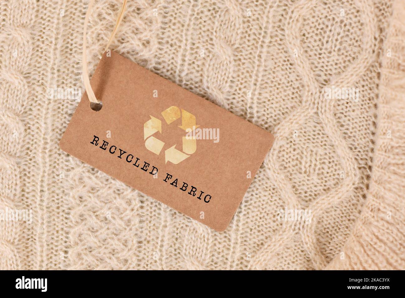 Knitted fabric with label saying 'recycled fabric' Stock Photo