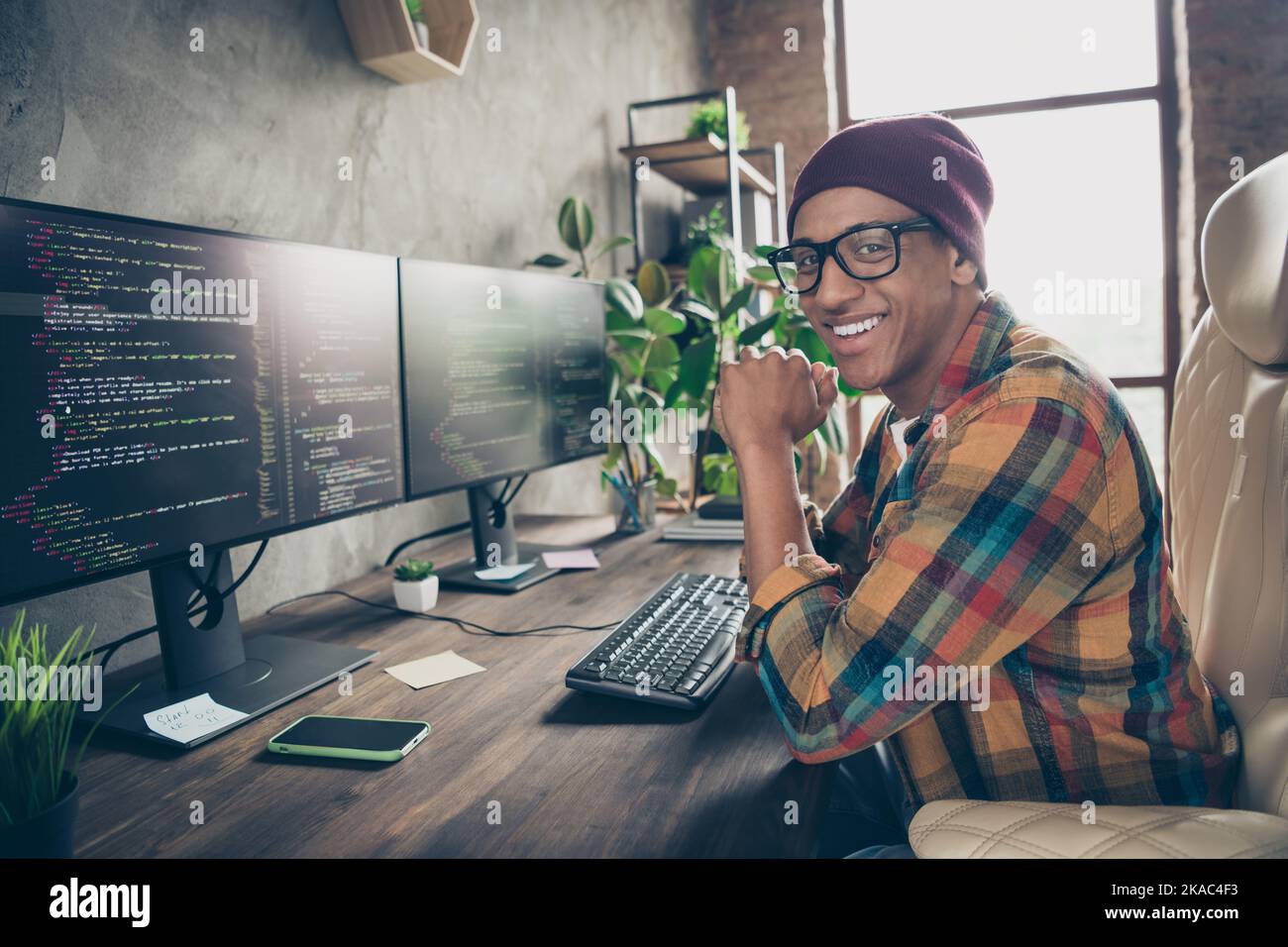 Profile portrait of happy positive handsome guy hardware expert ...