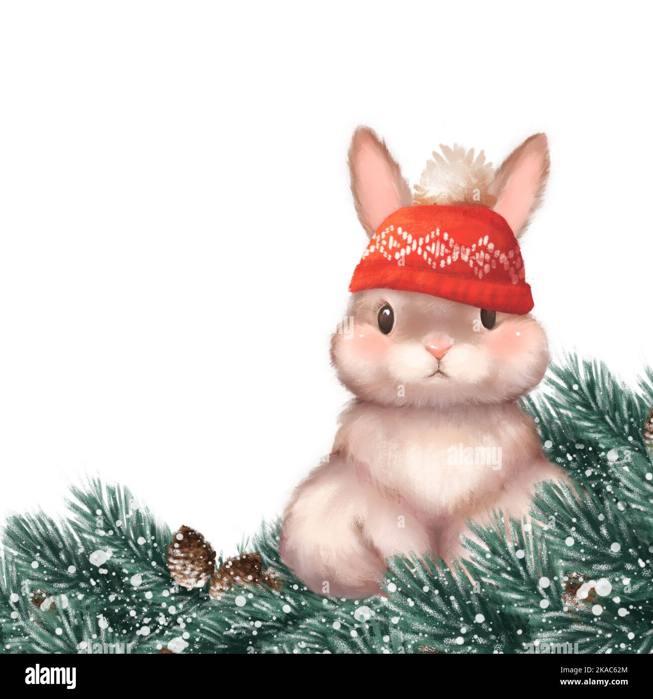 Cute bunny in red hat. Christmas illustration on white background Stock Photo