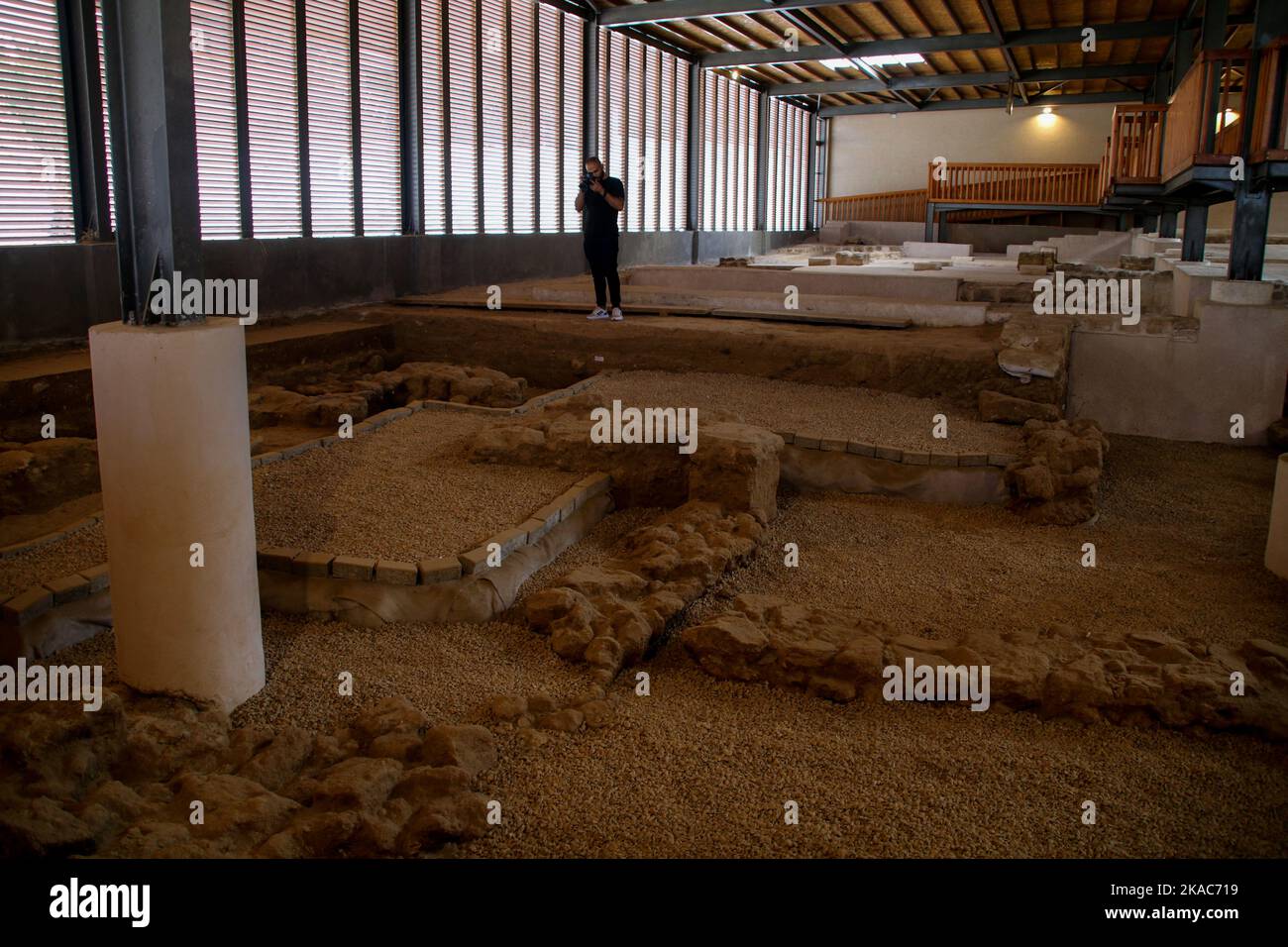 Jabalia, Gaza Strip, Palestine. 31st Oct, 2022. Gaza, Palestine. 01 November 2022. The remains of a fifth century Byzantine church in Jabalia, in the northern Gaza Strip. The church was first discovered in 1997, while a recently completed restoration project has brought to light the church floor adorned with various geometric, floral and animal motifs. It is also believed that the church walls were decorated with religious texts in ancient Greek from the time of Byzantine emperor Theodosius II, who reigned between 408 and 450 AD. The restoration was carried out under the supervision of the M Stock Photo