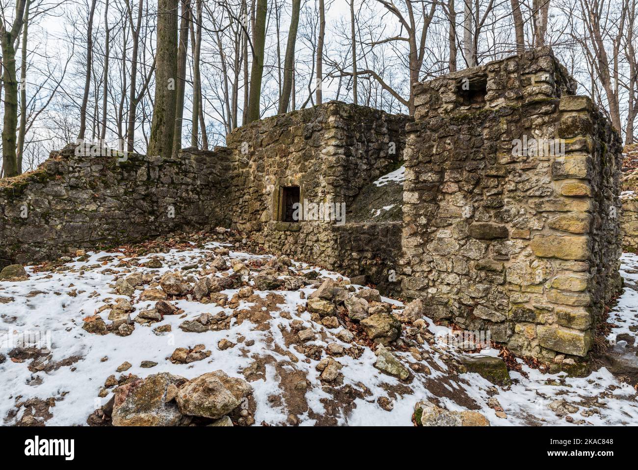 Ruins of Sostyn castle above Koprivnice town in Czech republic during cloudy winter day Stock Photo