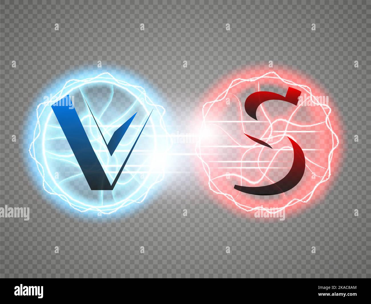Hot and cold sparkling strength. Energy lightning with an electrical discharge isolated on a transparent background. Collision of two forces with red Stock Vector