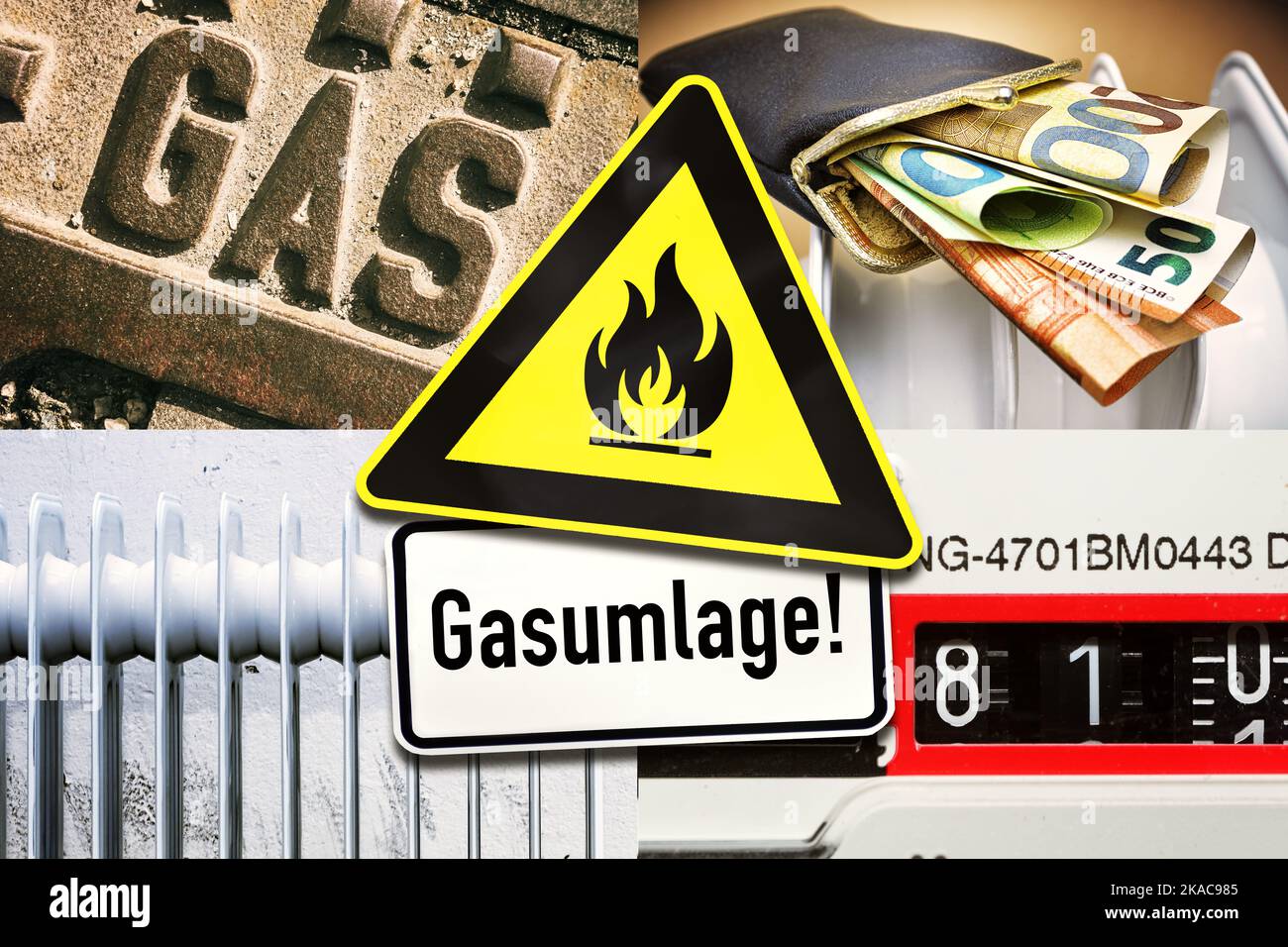 FOTOMONTAGE, Warnschild Gasumlage vor Gaszähler, Gasanschluss, Heizkörper und Portmonee mit Geldscheinen Stock Photo