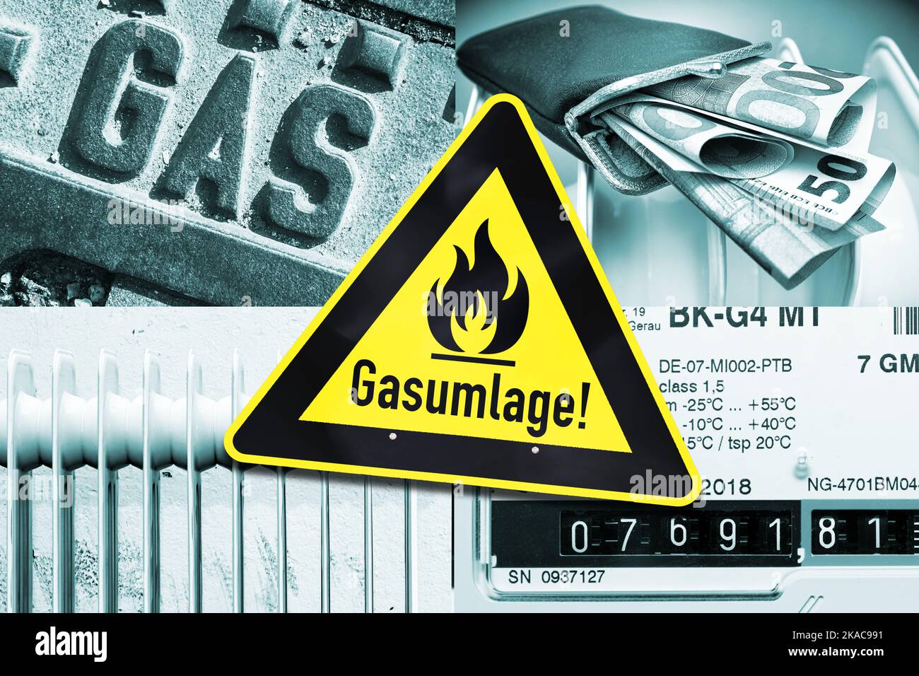 FOTOMONTAGE, Warnschild Gasumlage vor Gaszähler, Gasanschluss, Heizkörper und Portmonee mit Geldscheinen Stock Photo