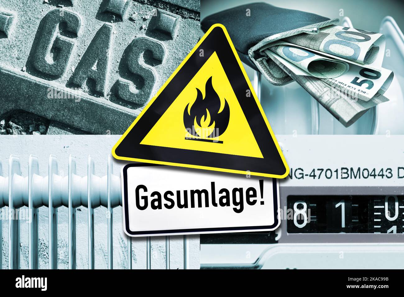 FOTOMONTAGE, Warnschild Gasumlage vor Gaszähler, Gasanschluss, Heizkörper und Portmonee mit Geldscheinen Stock Photo