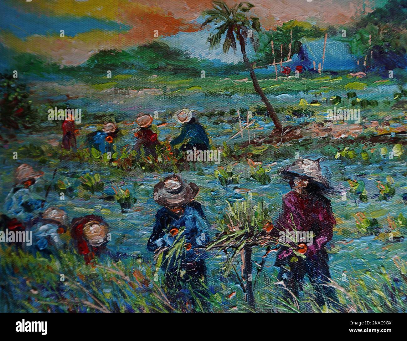 Art painting oil color Thailand Grow rice , Transplant rice seedlings