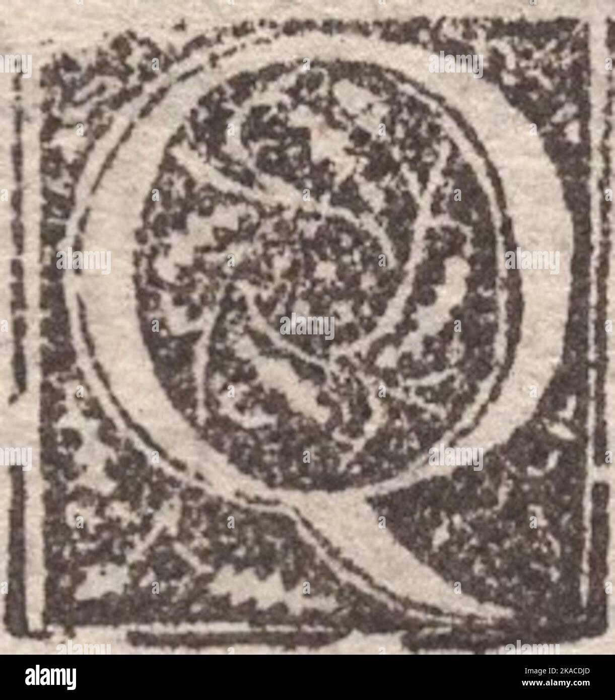 antique Decorative capital letter Q. Old 15th century engraved illustration from an Incunabula page Stock Photo