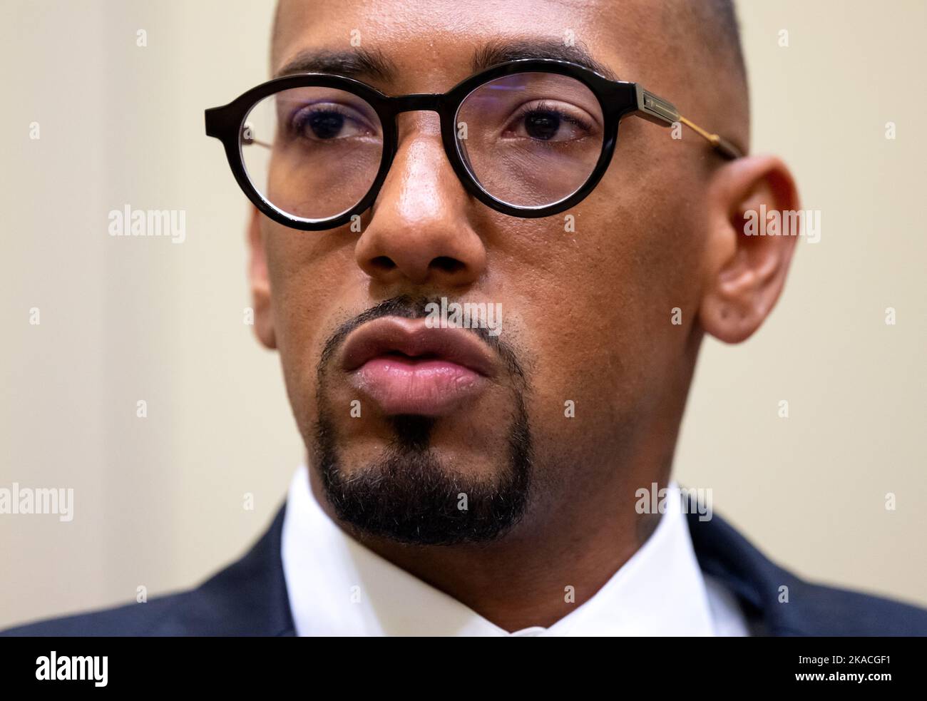 Munich, Germany. 02nd Nov, 2022. Professional footballer and former national team player Jerome Boateng arrives in the courtroom of the Munich I Regional Court at the start of the continuation in the appeal trial. Boateng is accused of beating his ex-girlfriend in 2018 during a joint Caribbean vacation. He was therefore sentenced last year to a fine of 1.8 million euros. He, the public prosecutor's office and his ex-girlfriend as joint plaintiff appealed against this decision of the Munich Local Court. Credit: Sven Hoppe/dpa/Alamy Live News Stock Photo
