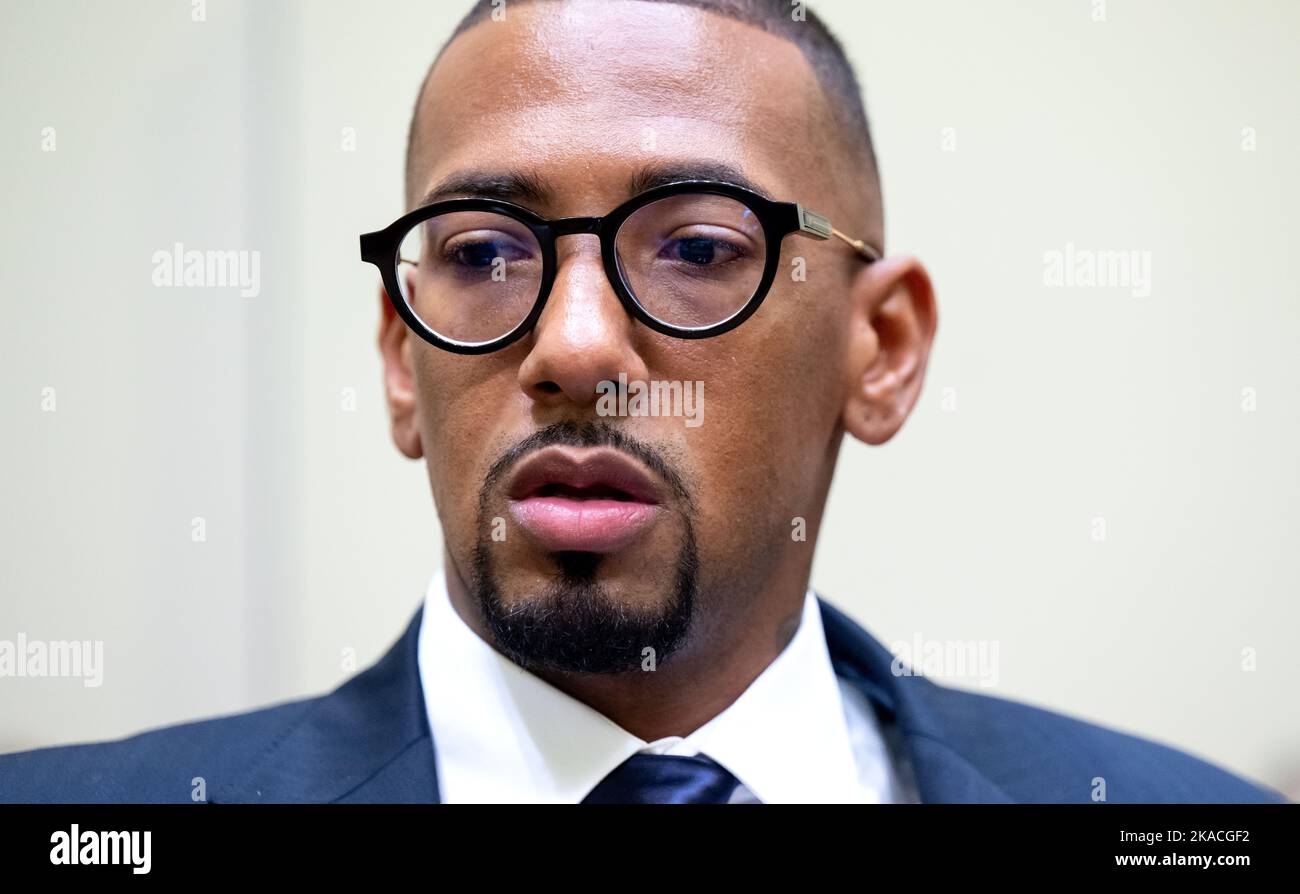 Munich, Germany. 02nd Nov, 2022. Professional footballer and former national team player Jerome Boateng is in the courtroom of the Munich I Regional Court at the start of the continuation in the appeal trial. Boateng is accused of beating his ex-girlfriend in 2018 during a joint Caribbean vacation. He was therefore sentenced last year to a fine of 1.8 million euros. He, the public prosecutor's office and his ex-girlfriend as joint plaintiff appealed against this decision of the Munich Local Court. Credit: Sven Hoppe/dpa/Alamy Live News Stock Photo