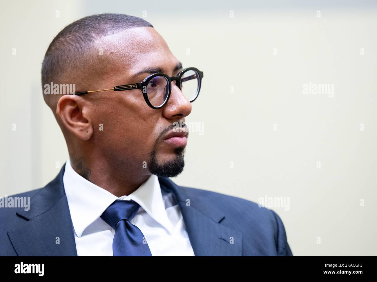 Munich, Germany. 02nd Nov, 2022. Professional footballer and former national team player Jerome Boateng is in the courtroom of the Munich I Regional Court at the start of the continuation in the appeal trial. Boateng is accused of beating his ex-girlfriend in 2018 during a joint Caribbean vacation. He was therefore sentenced last year to a fine of 1.8 million euros. He, the public prosecutor's office and his ex-girlfriend as joint plaintiff appealed against this decision of the Munich Local Court. Credit: Sven Hoppe/dpa/Alamy Live News Stock Photo